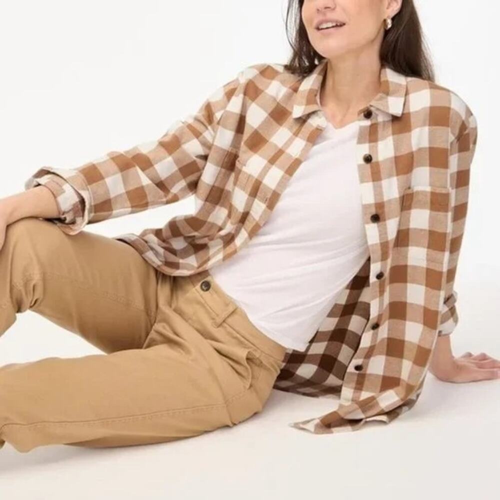 J.Crew‎ Plaid Flannel Cotton Shirt Jacket Shacket | Tan White | SZ XXS